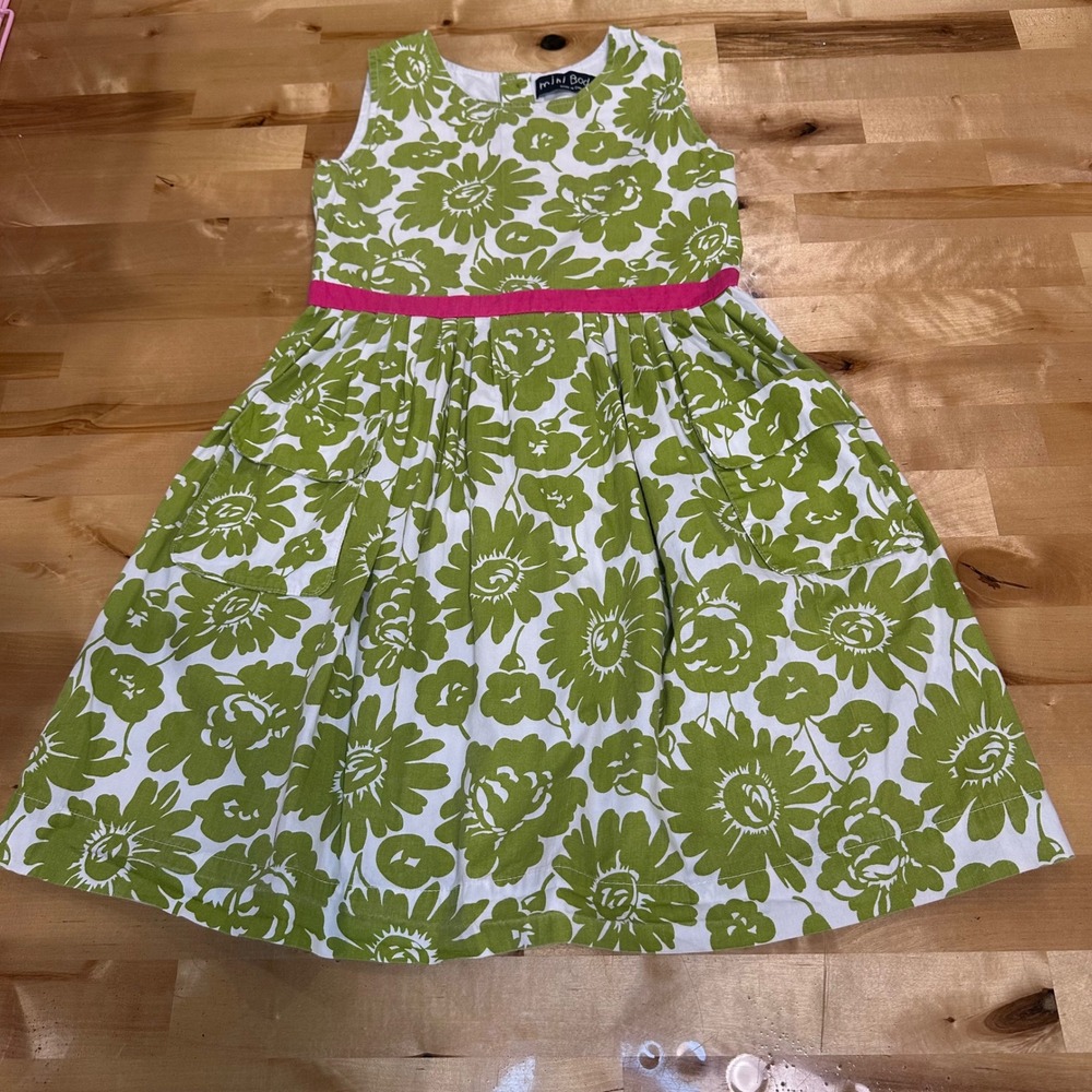 Mini Boden Floral Dress Kids 5-6Y Green Excellent Sleeveless Cotton Pockets